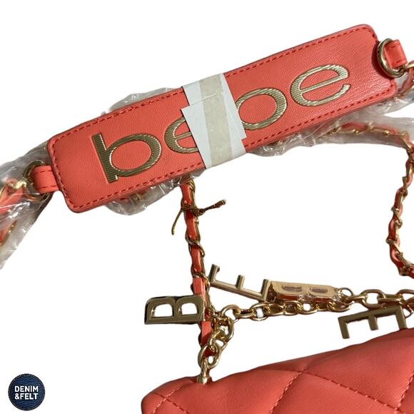 NEW bebe Wyatt Quilted Mini Shoulder Bag Salmon Orange Gold Chain Logo Charm - Picture 7 of 13